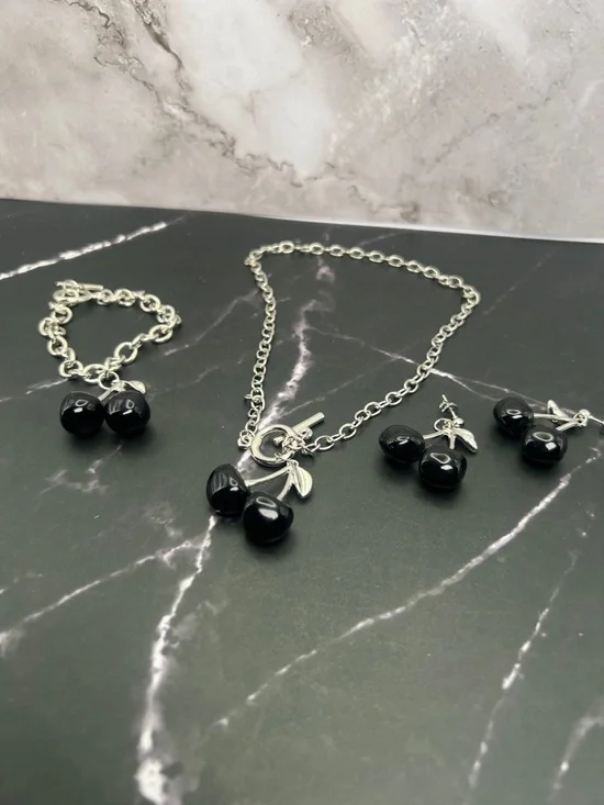 Silver-Tone Black Cherry Pendant Necklace, Bracelet and Earring Set NWOT 15” - Picture 2 of 3